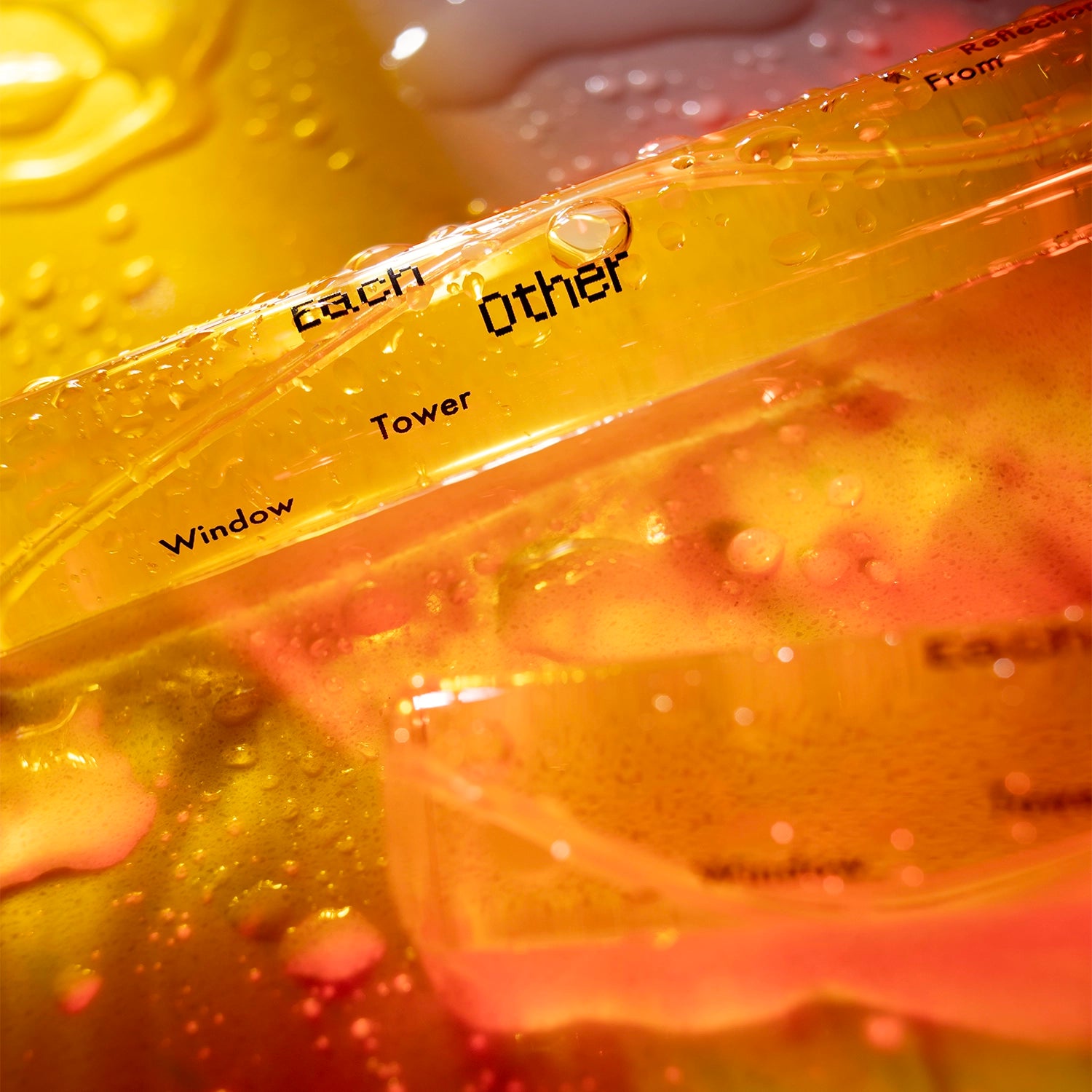 Close-up of Blinding Reflection from Tower Window fragrance vial with golden botanical perfume liquid and refracted light reflections.