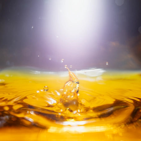 A macro shot of Looking for Each Other fragrance liquid—capturing the golden color and movement of the botanical juice as it’s splashed, evoking sunlight and natural vibrancy.