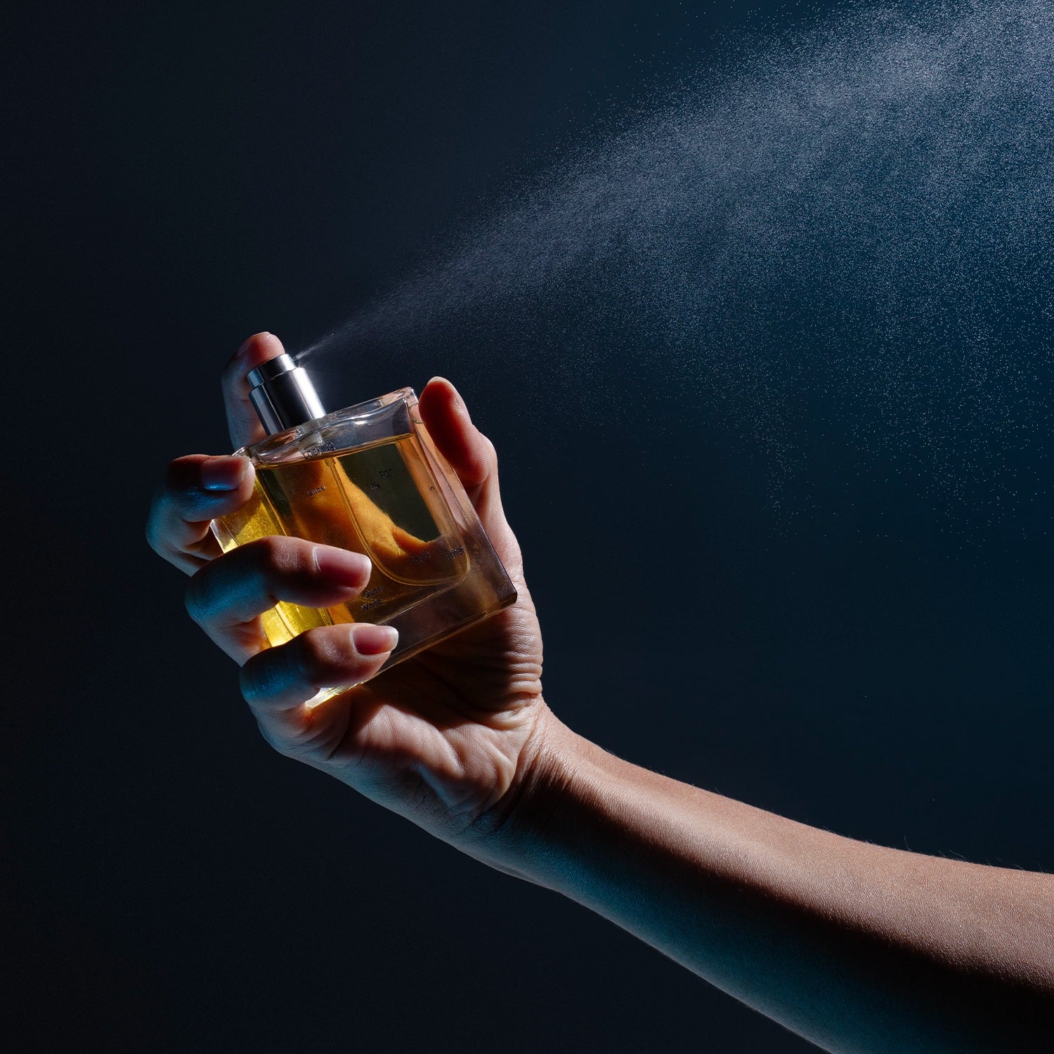 Hand spraying Looking for Each Other – Quasi Life in the Quasi World perfume into the air against a moody dark background; fine mist captured mid-air, showcasing the ritual of botanical fragrance application.
