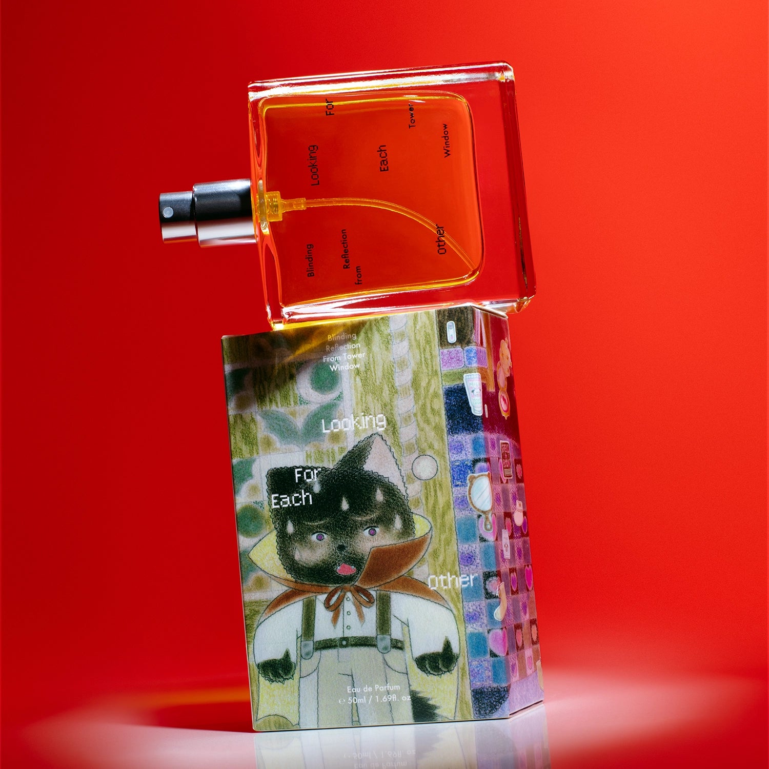 Blinding Reflection from Tower Window perfume by Looking For Each Other – a rectangular glass bottle filled with amber botanical fragrance, resting diagonally on its illustrated box featuring surreal Shee Liu artwork of a character in a cloak, against a bold red background.