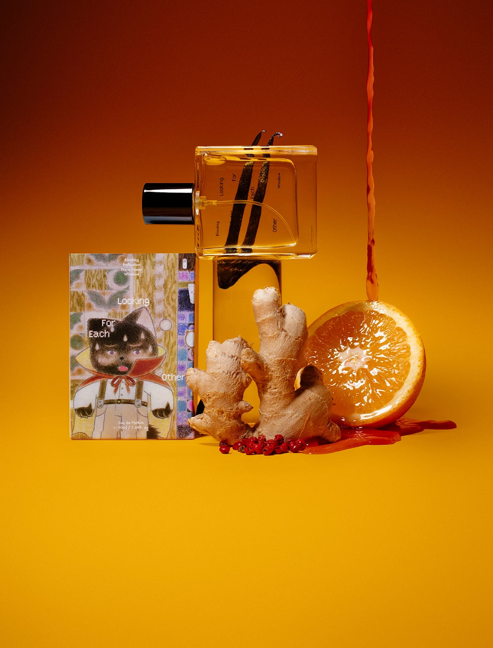 Looking For Each Other Blinding Reflection from Tower Window botanical fragrance with ginger root, sliced orange, and dripping honey on warm yellow backdrop.