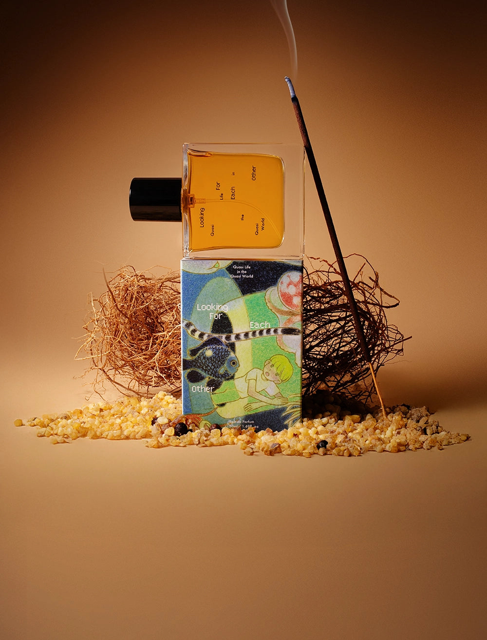 Looking For Each Other Quasi Life in the Quasi World botanical perfume with incense smoke, resin stones, and illustrated packaging on earthy neutral background.