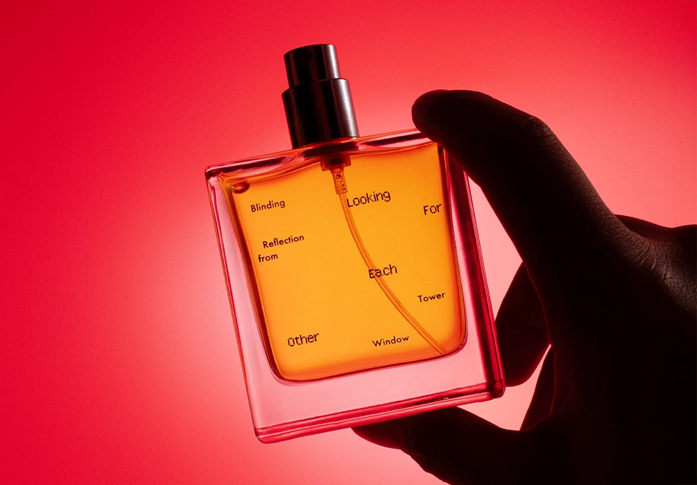 Blinding Reflection from Tower Window by Looking For Each Other — all-natural botanical perfume in a hand silhouetted against a vivid red gradient background.